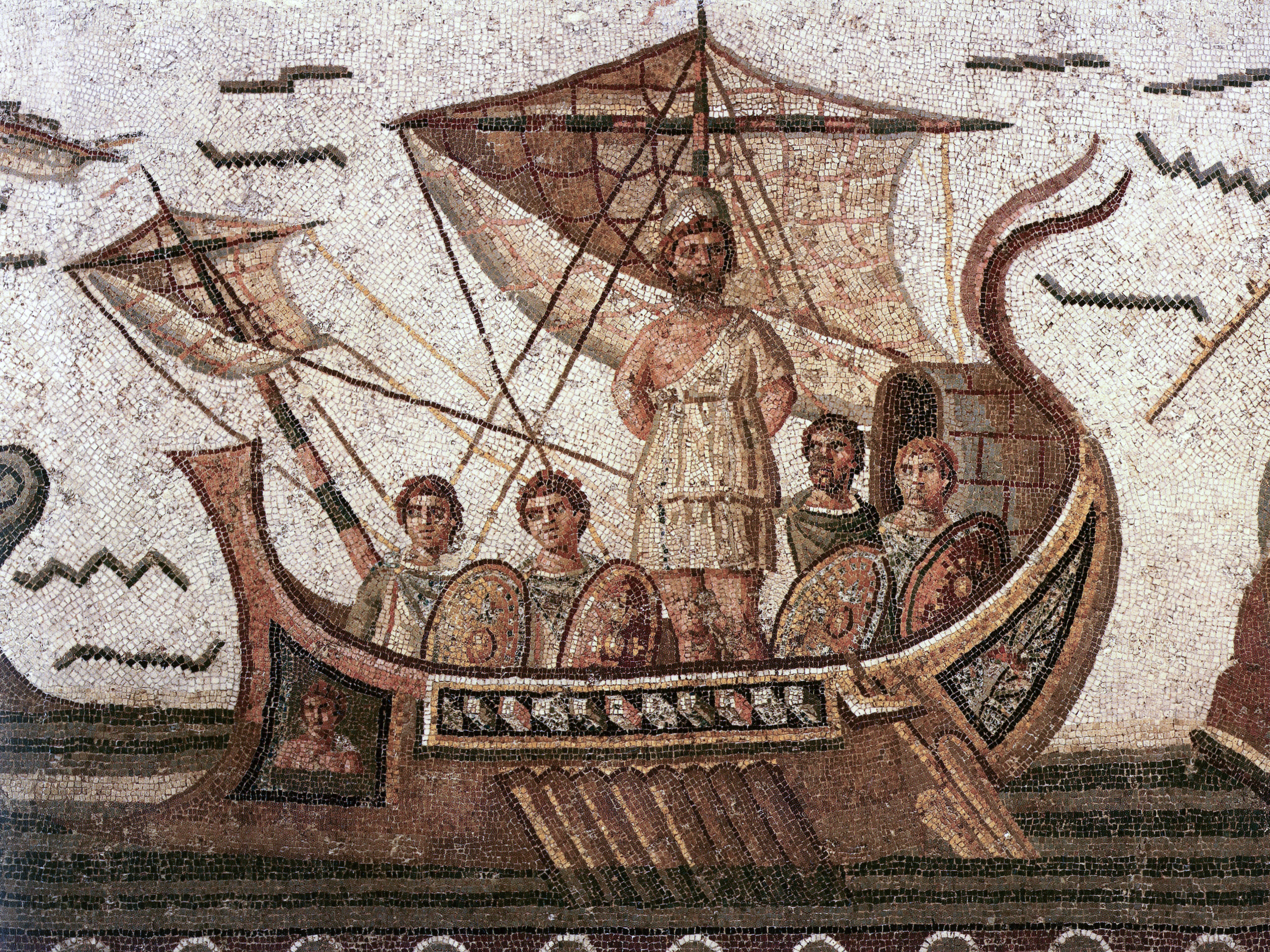 Mosaic of Odysseus and his crew on a ship.